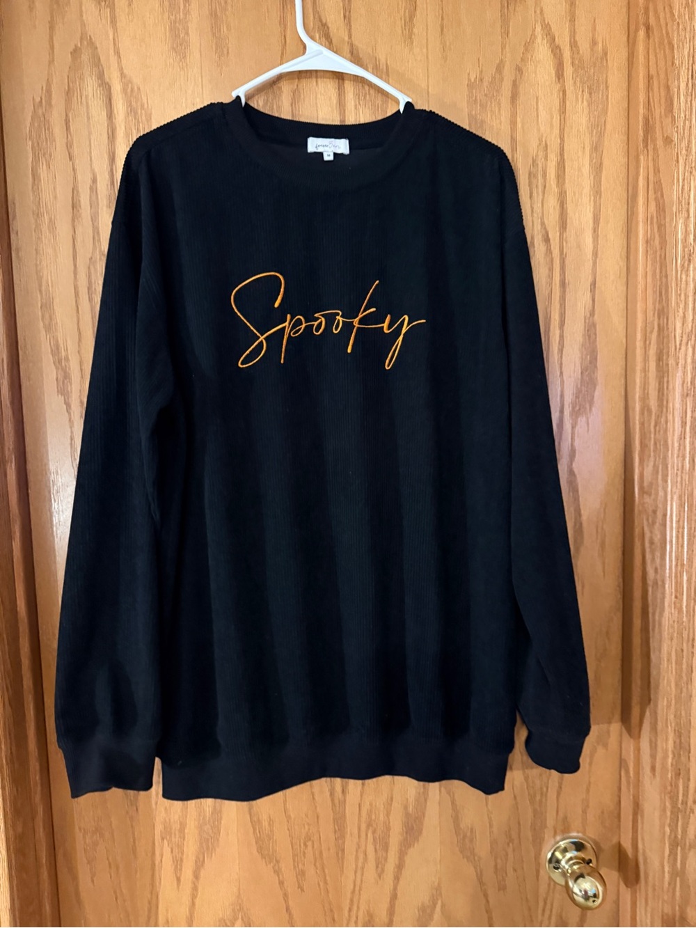 Forever 3 Am Black corded Crewneck Sweater with Orange "Spooky" Script